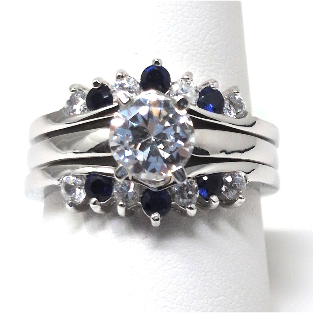 Vintage 3-Piece Solitaire Ring Set Silver Tone Clear / Blue Stones Size 9